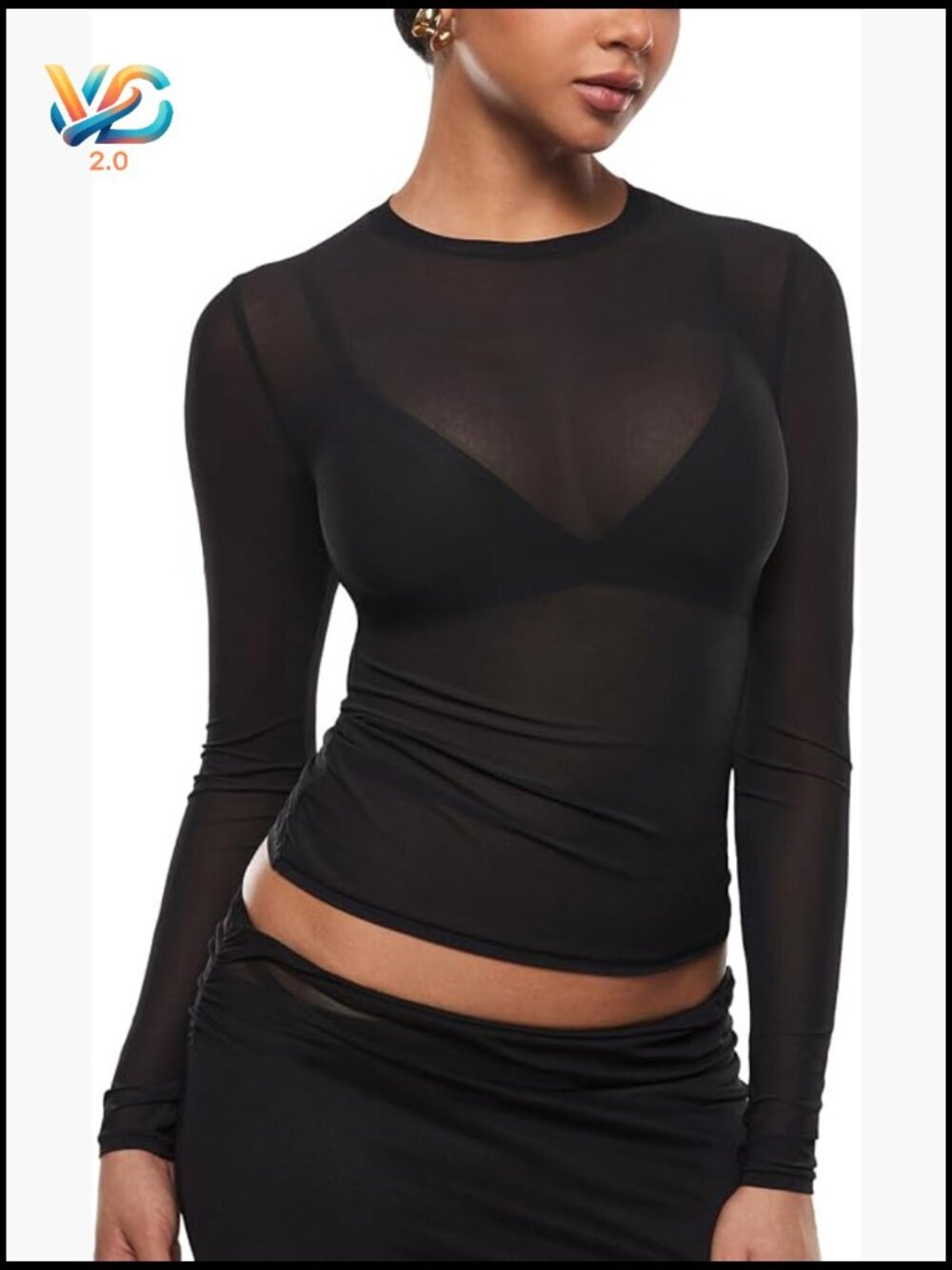 Sheer Mesh Long Sleeve Top Crew Neck Slim Fit Going Out Party Trendy Y2K